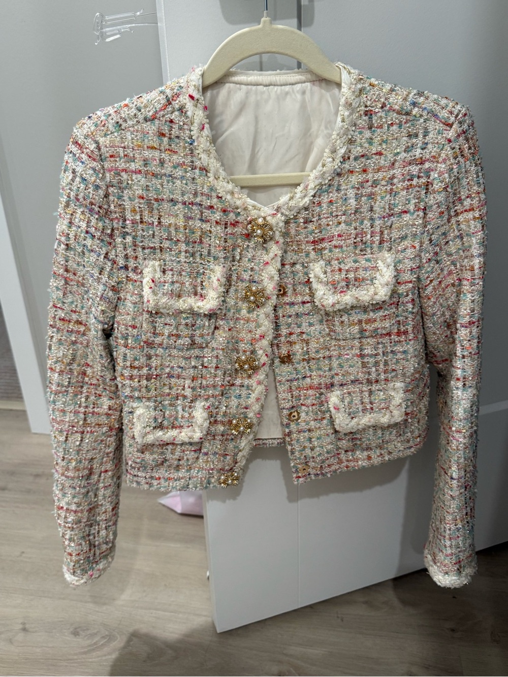 Cropped Multicolor Tweed Blazer with Gold-Accent Buttons - Cream